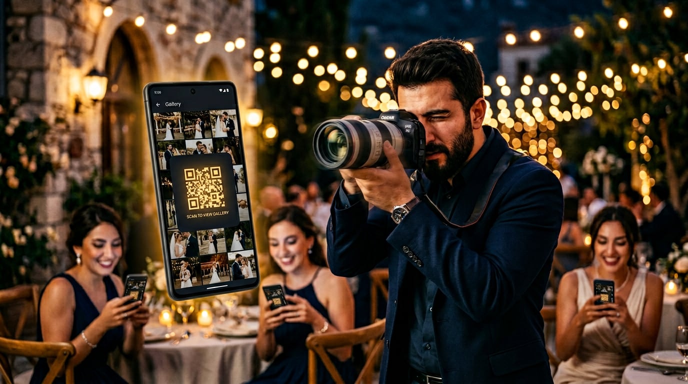 Düğün fotoğrafçısı kamera arkasında, müşteriler aynı anda telefonlarındaki FramePay galerisine bakıyor
